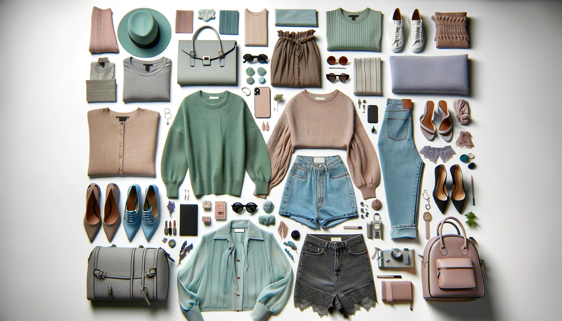 Fashion Flatlay: Titelbild für den Beitrag "Frühjahrsputz: Diese 40 Dinge kannst du JETZT aus deinem Kleiderschrank ausmisten". Das Titelbild wurde mit Generative AI (DALL·E) erstellt
