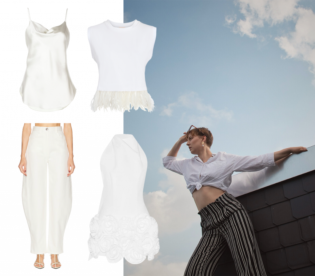 weiße Basics mit Twist; Seiden-Satin Camisole, T-Shirt mit Federn, Barrell-Hose und Mini-Kleid mit Blumen-Applikation