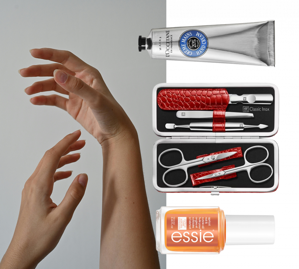 gut gepflegte Hände im Fokus. Daneben passende Produktvorschläge wie Handcreme, Nagelhaut-Öl und Nagelpflege-Set