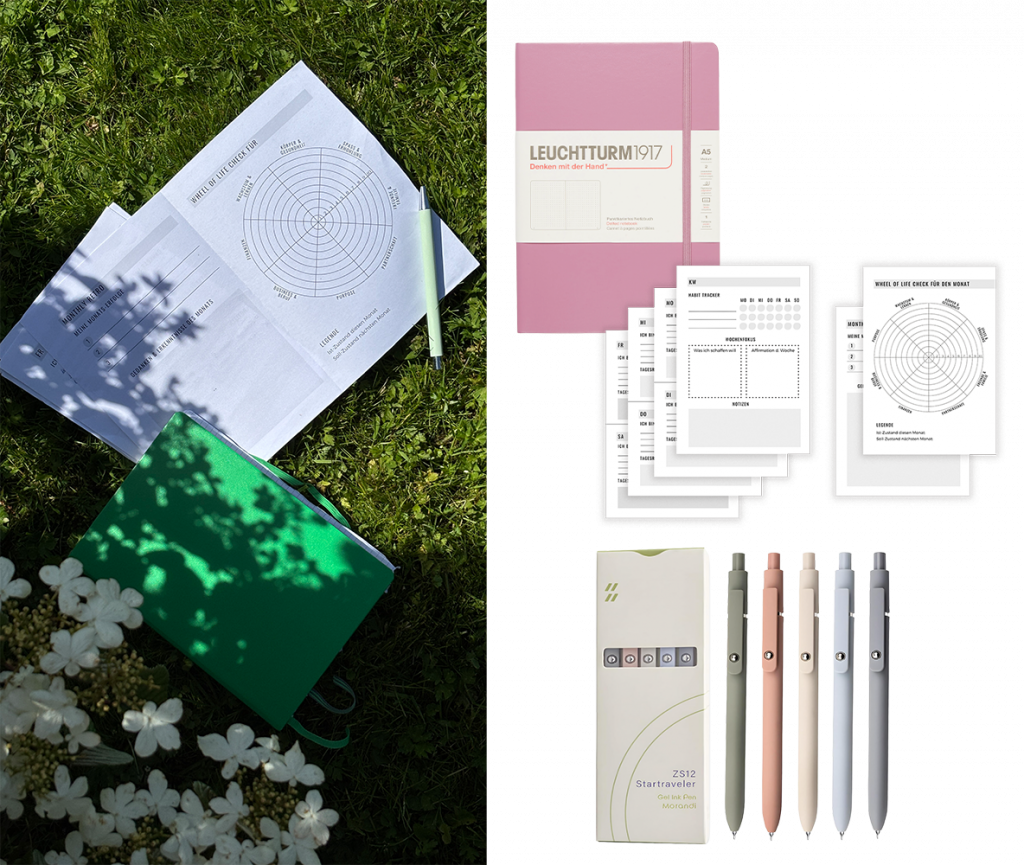 Ausgedruckte Bullet Journal Vorlage von Sustylery, sowie ein grünes Notizbuch von Leuchtturm liegen auf einer grünen Wiese.