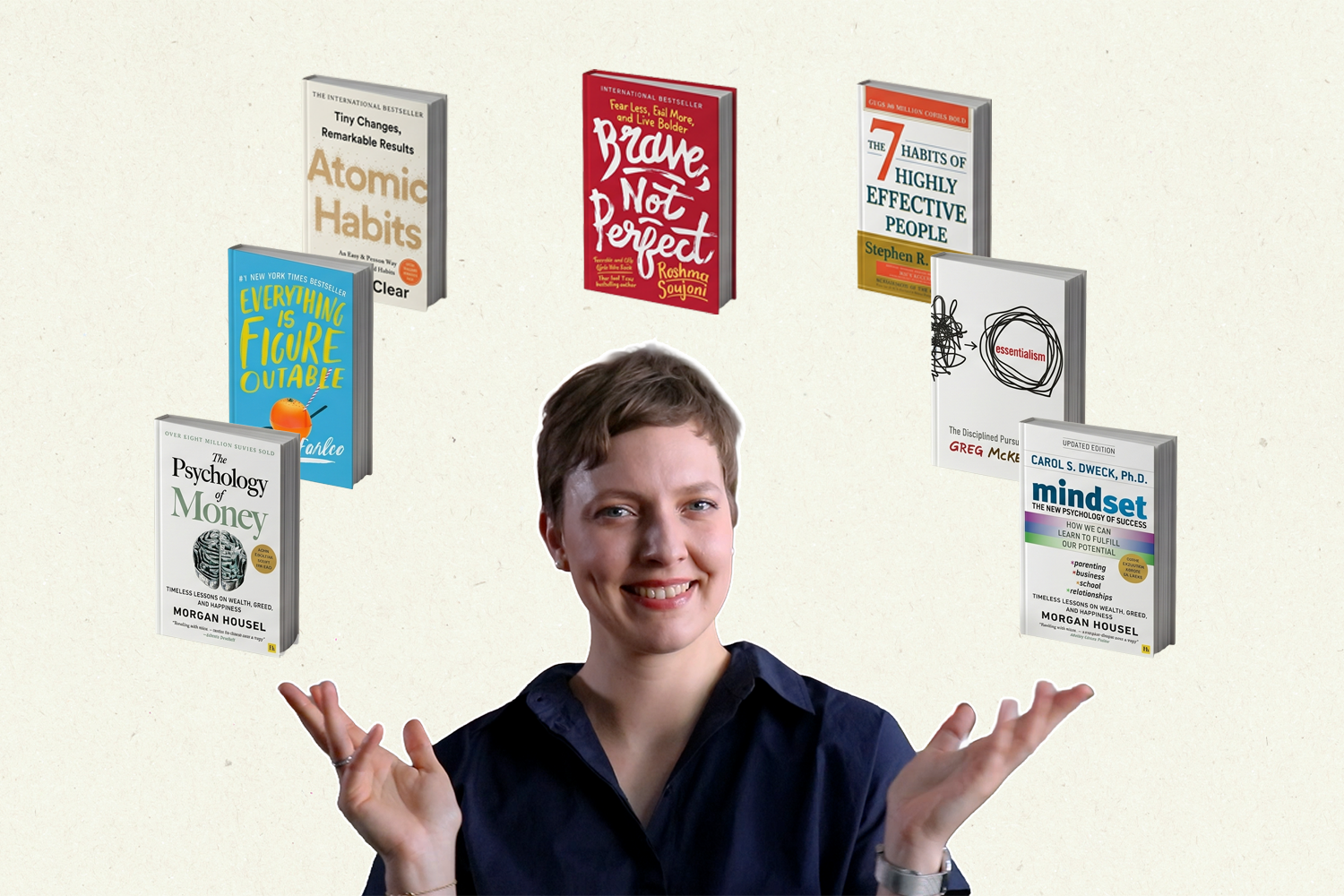 Titelbild mit Sabine Kowalski von Sustylery und den 7 Buchtiteln, die im Beitrag präsentiert werden